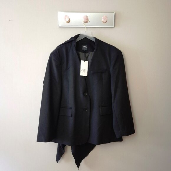 NWT Zara black oversized wool blend scarf accent blazer jacket, XS-S - Picture 16 of 16